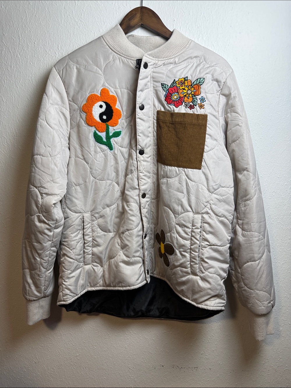 Reason Cream Quilted Bomber Jacket with Floral Patches